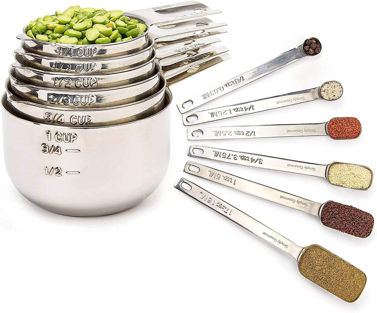 Simply Gourmet Measuring Cups and Spoons Set of 12 – 18/8 Stainless Steel Kitchen Gadgets – Stackable Design with Long Handle Spoons – Fits in Jars – Cooking & Baking Measuring Set for Dry & Liquid