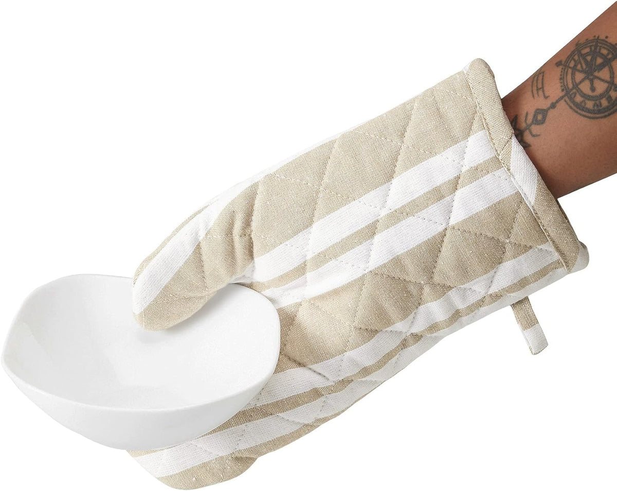 Encasa Homes Long 14 inch Oven Microwave Hand Gloves Mitts (2 pc Set) for Kitchen Cooking & Baking - Heat Resistant, Thick & Safe, Protection of Hands from Hot Utensils - Franca Beige Stripes