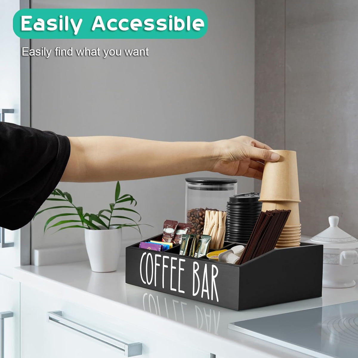 ALELION Coffee Station Organizer for Countertop - 7 Compartments Coffee Bar Accessories and Organizer with Removable Dividers - Black Coffee and Tea Condiment Organizer