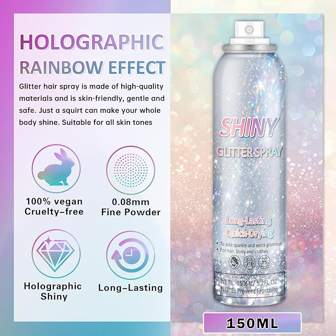 Body Glitter Spray, 150ML Shiny Glitter Spray for Hair Body and Clothes, Long-Lasting Quick-Drying Holographic Ultra Fine Powder Glitter Hairspray for Festival Rave Stage Prom 5.2 Fl Oz