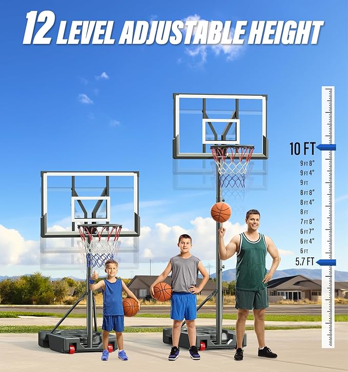 Basketball Hoop Outdoor, 4.4-10 ft Adjustable Height, Portable Basketball Hoop Goal System for Kids Teens and Adults, Weather-Resistant Heavy Base and 45 Inch Shatterproof Backboard