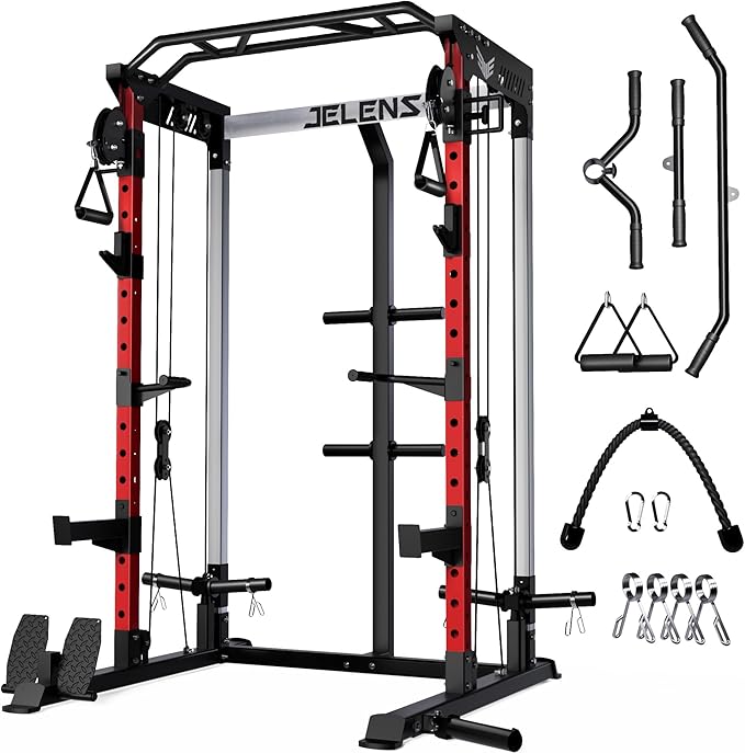 Power Cage, 2000LBS Multi-Function C21 Power Rack with Dual Pulley Cable Crossover System, All-in-One Squat Rack with More Training Attachments