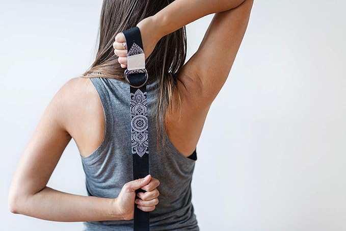 YOGA DESIGN LAB | The Yoga Strap | Luxurious, Extra Long, Super Soft, Eco Printed | Studio Quality, Adjustable | Safely Stretch Further and Hold Longer | 8 ft Long (Mandala Black, 8ft)