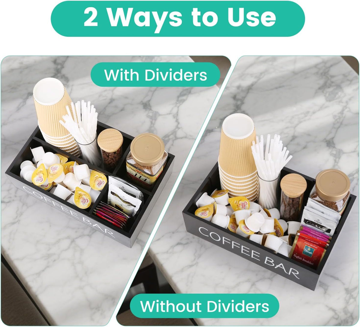 Coffee Bar Organizer – Wooden Coffee Station with 4 Compartments, Removable Dividers, and Condiment Storage for Home & Office