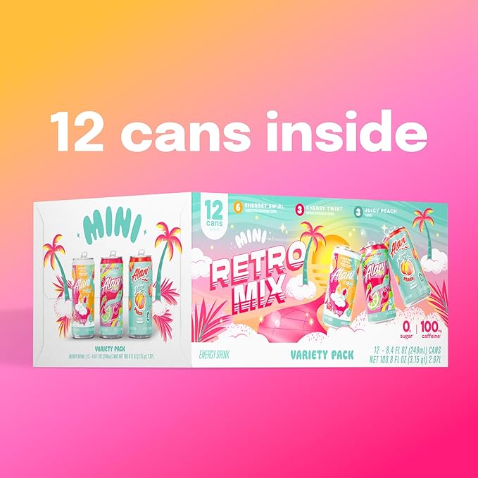 Alani Nu RETRO VARIETY PACK (Sherbet Swirl, Juicy Peach and Cherry Twist), Low Calorie Energy Drinks, 100mg Caffeine, Biotin, B Vitamins, Zero Sugar, 10 Calories or Less, 8 Fl Oz Cans, 12 Pack
