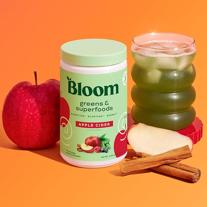 Bloom Nutrition Superfood Greens Powder, Digestive Enzymes with Probiotics and Prebiotics, Gut Health, Bloating Relief for Women, Chlorella, Green Juice Mix with Beet Root Powder, 25 SVG, Apple Cider