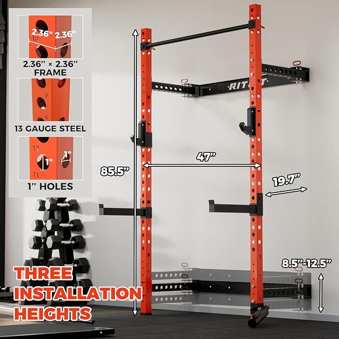 RitFit Multi-Functional Folding Squat Rack for Home Gym, 2.36'' x 2.36'' Wall Mounted Squat Rack with Attachments - Space Saving Squat Power Rack