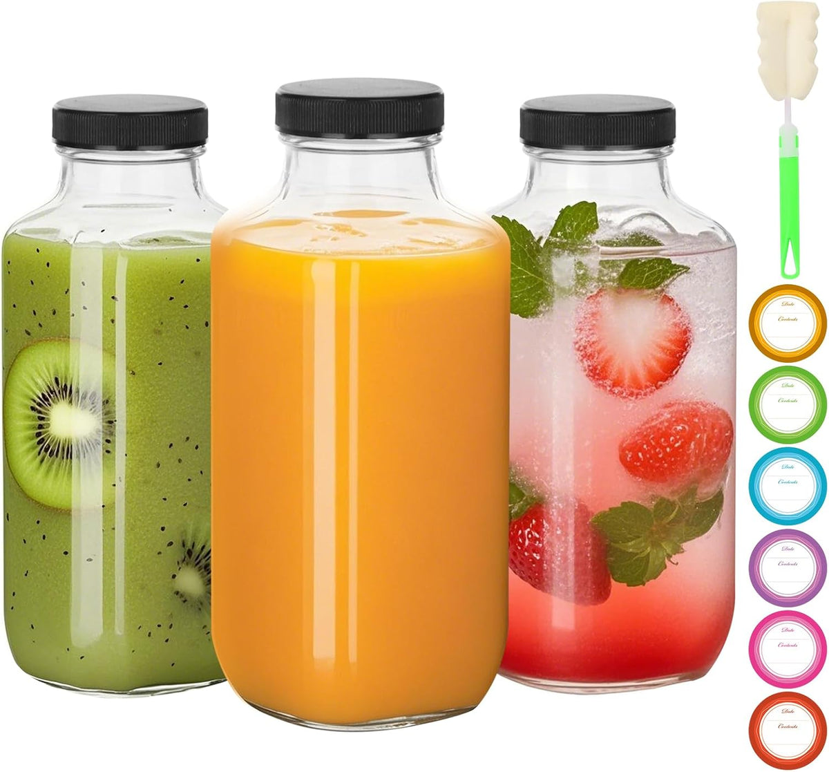 BIGIVACA 16 oz Glass Juice Bottles with Lids,3 PACK Bottles for Juicing,Square Drinking Jars Glass for Coffee,Cola,Milk,Tea in Travel,Work,School