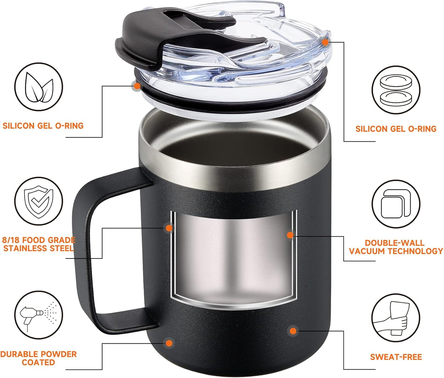 ALOUFEA 12oz Stainless Steel Insulated Coffee Mug with Handle, Double Wall Vacuum Travel Mug, Tumbler Cup with Fliping Lid, Black and Navy