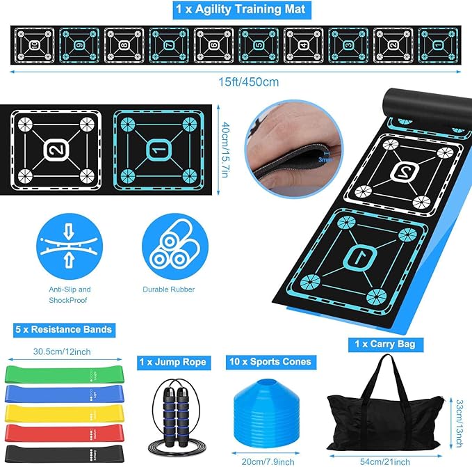 Agility Ladder Speed Training Equipment Set-15ft Non-Slip Agility Training Ladder, 10 Disc Cones, 5 Resistance Bands, Jump Rope, Rubber Ladder Mat for Soccer Footwork Drills Fitness Workouts