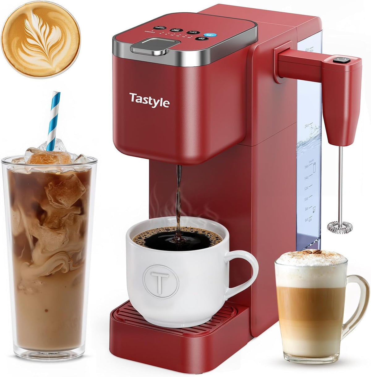 Single Serve Coffee Maker with Built-in Detachable Milk Frother, Iced and Hot Coffee Machine for K Cup & Grounds, 40oz Removable Water Reservoir, 6 Cup Sizes, Fits 7.3" Travel Mug, Red