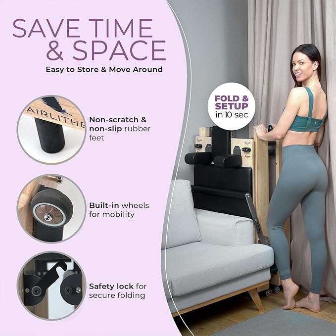 Airlithe Foldable Pilates Reformer Machine|Wooden Frame Reformer Machine with Strings, Versatile Accessories & 50+ Expert-Guided Workouts|Equipment for Strength Training, Rehabilitation, & Flexibility