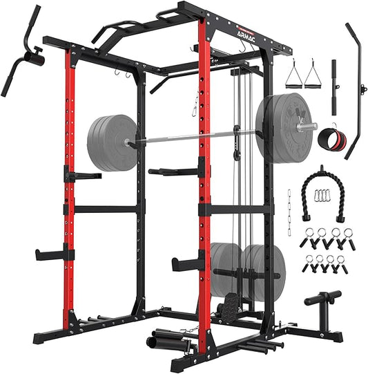 ARMAC Power Cage,1500lbs Multi-Function Power Rack with Adjustable Cable Crossover System and More Training Attachment, Weight Cage for Home Gym