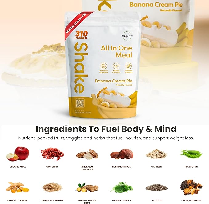 311 Nutrition All-In-One Meal Replacement Shake Powder - Plant-Based Protein Smoothie Blend w/High Fiber, Probiotics & Adaptogens - Low Carb, Vegan, Keto & Paleo Friendly - Banana Cream Pie - 28 Srv