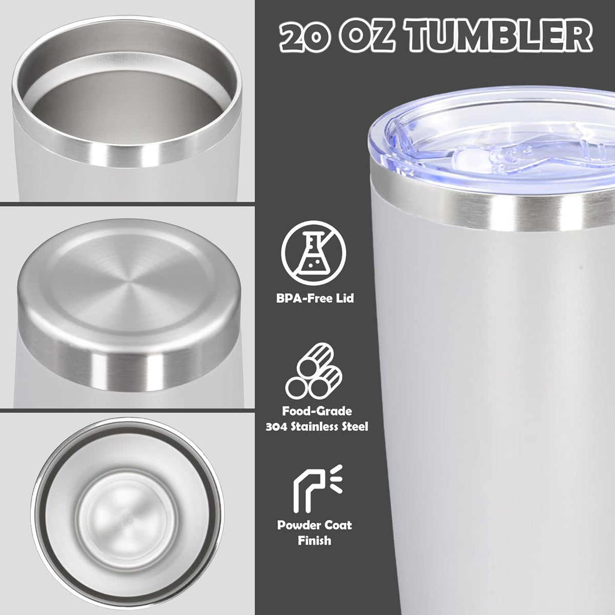 20oz Tumbler Stainless Steel Tumbler Cup with Lid Vacuum Insulated Double Wall Travel Mug, Durable Powder Coated Travel Coffee Tumbler Mug for Hot & Cold Drinks, White,1 Pack