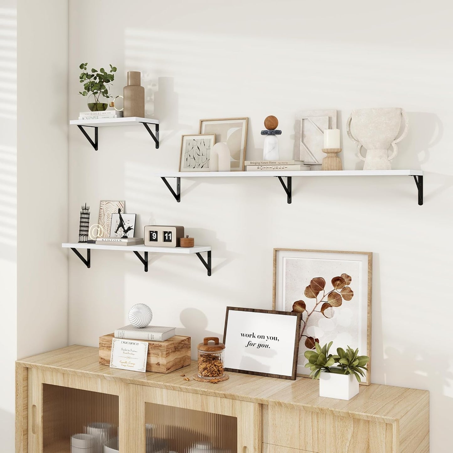 Dreamland Wall Shelves Long, 24W x 8D Wall Mounted Shelves Set of 2, Wide Display Ledge Shelf with Sturdy Metal Brackets for Living Room, Bathroom, Bedroom and Kitchen, White