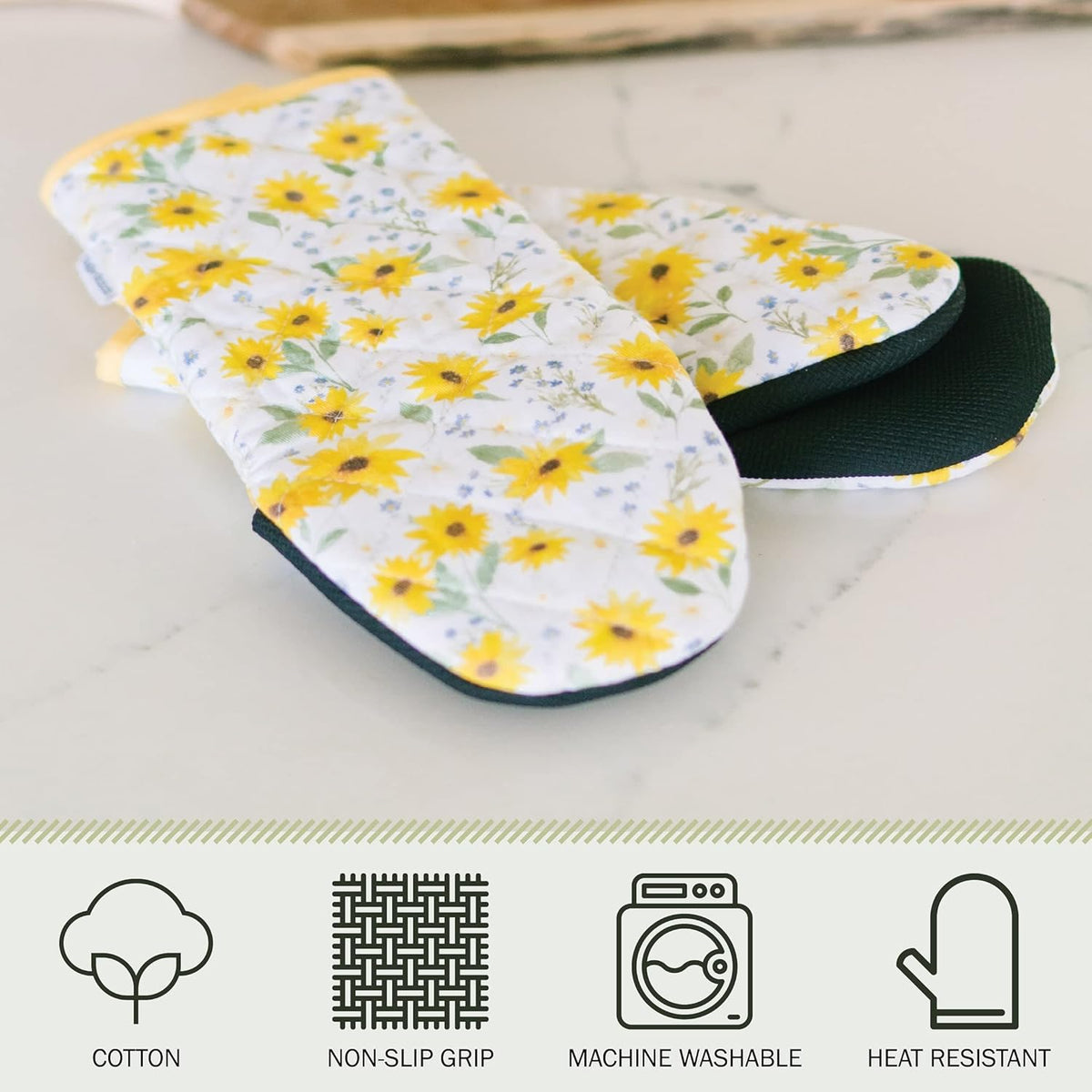 Heat Resistant Designer Kitchen Oven Mitts with Neoprene Non-Slip Grips and Hanging Loops | Set of 2 100% Cotton Long Sleeve Kitchen Oven Mitts | 5.5" x 12" | Sun Flowers