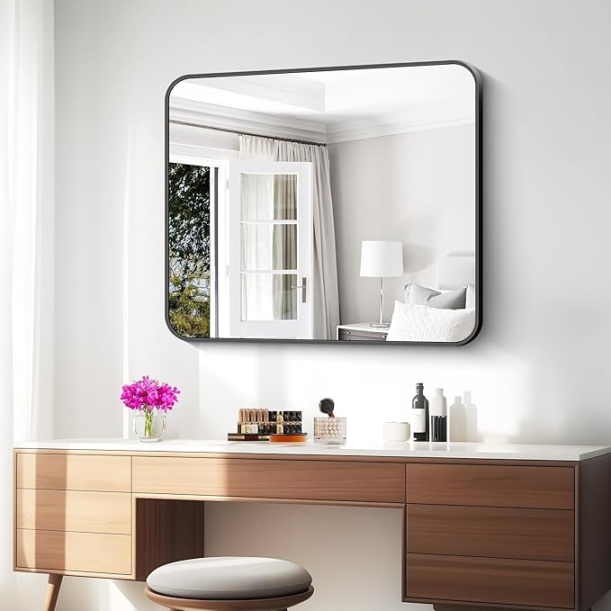 30x36 inch Bathroom Mirror,Black Rectangle Mirror,Wall Mounted Bathroom Frame Vanity Mirror with Round Corner for Bedroom Living Room, Entryway Hangs Horizontal or Vertical
