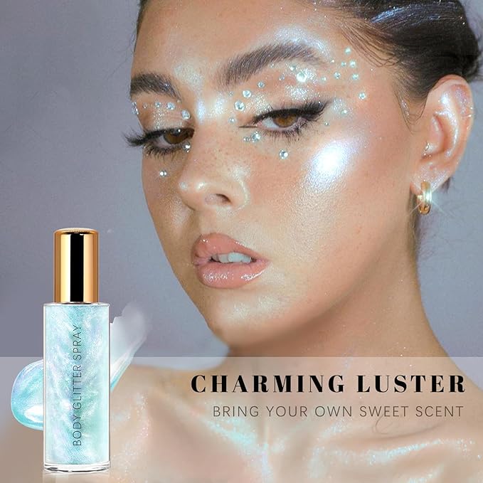 Body Glitter Spray, Moisturizing Bronze Body Shimmer Luminizer Glow Illuminator Quick-Drying and Non-Sticky Liquid Highlighter Spray for Face Hair Glitter, 60ML -Blue