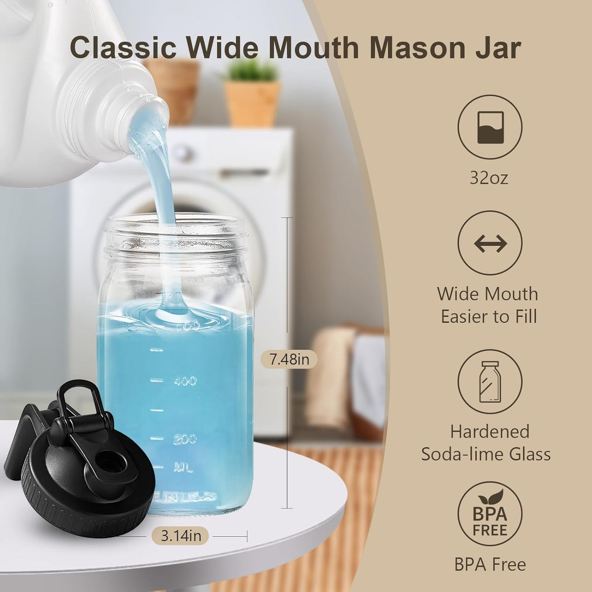 Breast Milk Pitcher Mason Jar - 2Pack Easy Pouring 32oz Airtight Glass Jar with Pour Spout Lid, Classic Wide Mouth Jug Easy to Clean, Ideal for Coffee & Creamer, Iced & Sun Tea, Juices