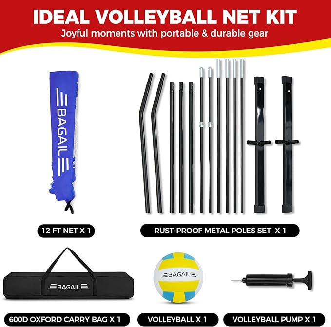 BAGAIL Volleyball Net, 12ft/20ft Portable Volleyball Net for Backyard - Adjustable Height, Heavy-Duty Frame, Freestanding Design - Portable Outdoor/Indoor Volleyball Set with Carry Bag