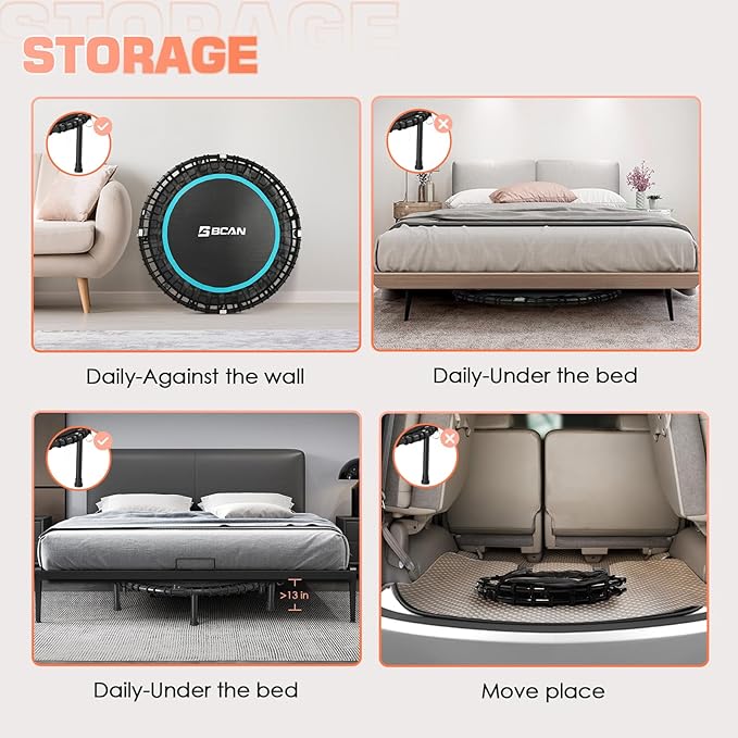 BCAN 40"/48" Rebounder Trampoline for Adult, 450/550LBS Fitness Trampoline with Bungees, Adjustable Handle, Stable & Quiet, Indoor Outdoor, Whole-Body Workout & Relaxation at Home for Women/Men