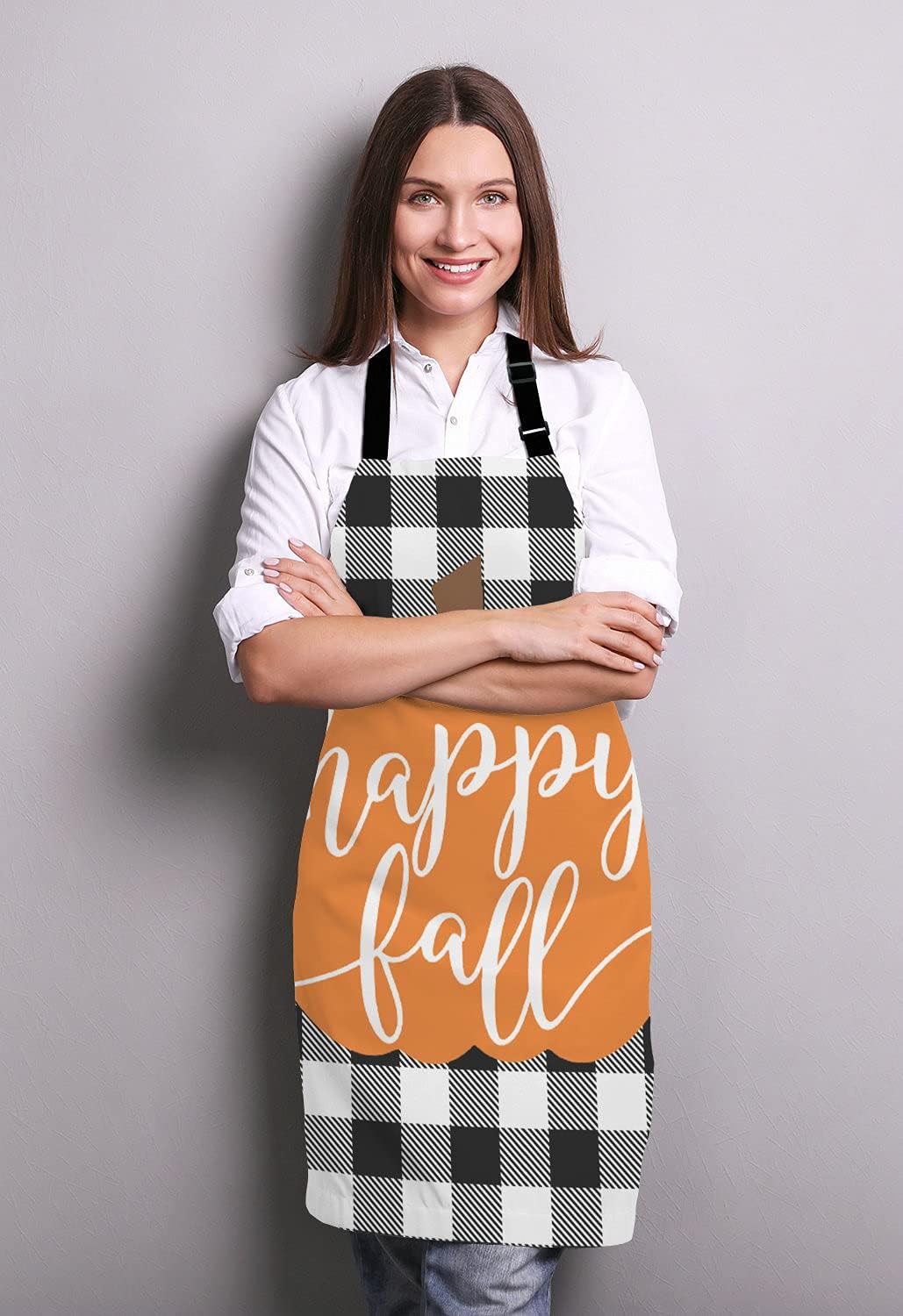 Happy Fall Pumpkin Thanksgiving Pillow case Buffalo Plaid Adjustable Bib Apron Kitchen Cooking Baking Gardening Apron for Women Men