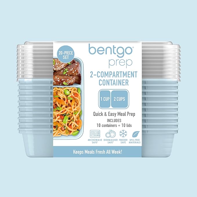 Bentgo 20-Piece Lightweight, Durable, Reusable BPA-Free 2-Compartment Containers - Microwave, Freezer, Dishwasher Safe - Sky