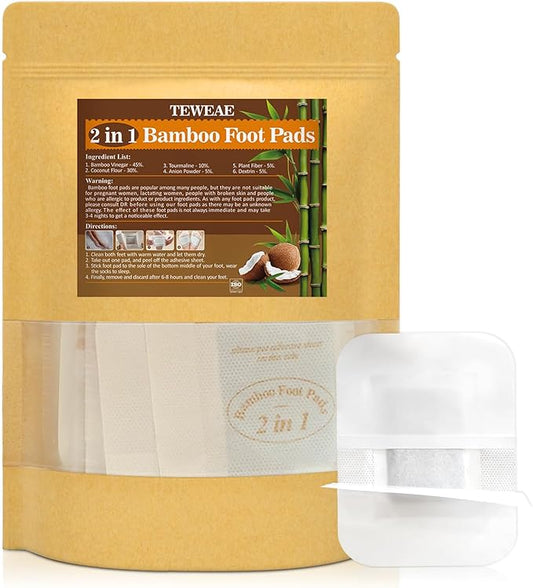 2 in 1 Foot Pads, 64 Pads Bamboo Vinegar Coconut Shell Powder Foot Pads with ''Stay in Place'' Bigger Adhesive Sheet
