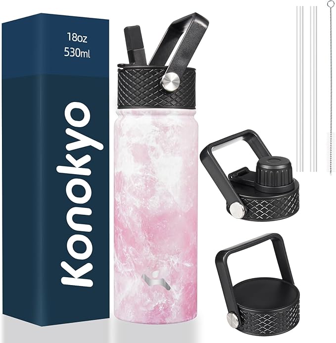18 oz Insulated Water Bottle Stainless Steel Sport Bottles with 3 Lids,Marble Blossom