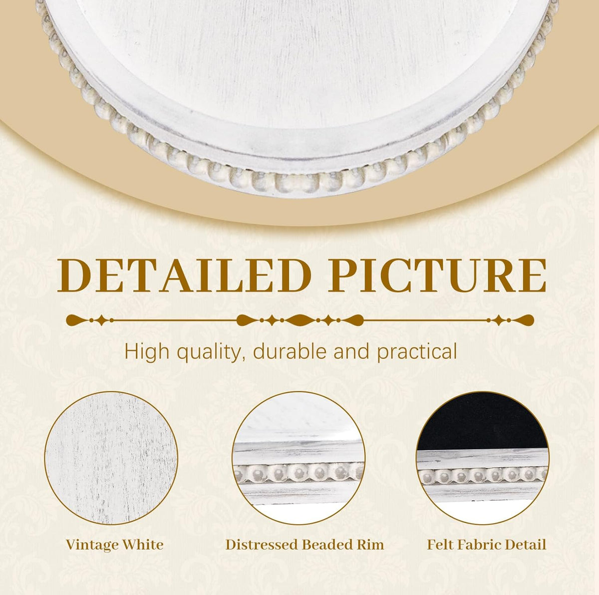 MAONAME Wood Serving Tray, Farmhouse Wooden Tray for Coffee Table, Oval Beaded Trays, Vintage White Decorative Trays for Living Room, Kitchen, 15" X 9" X 1.2"
