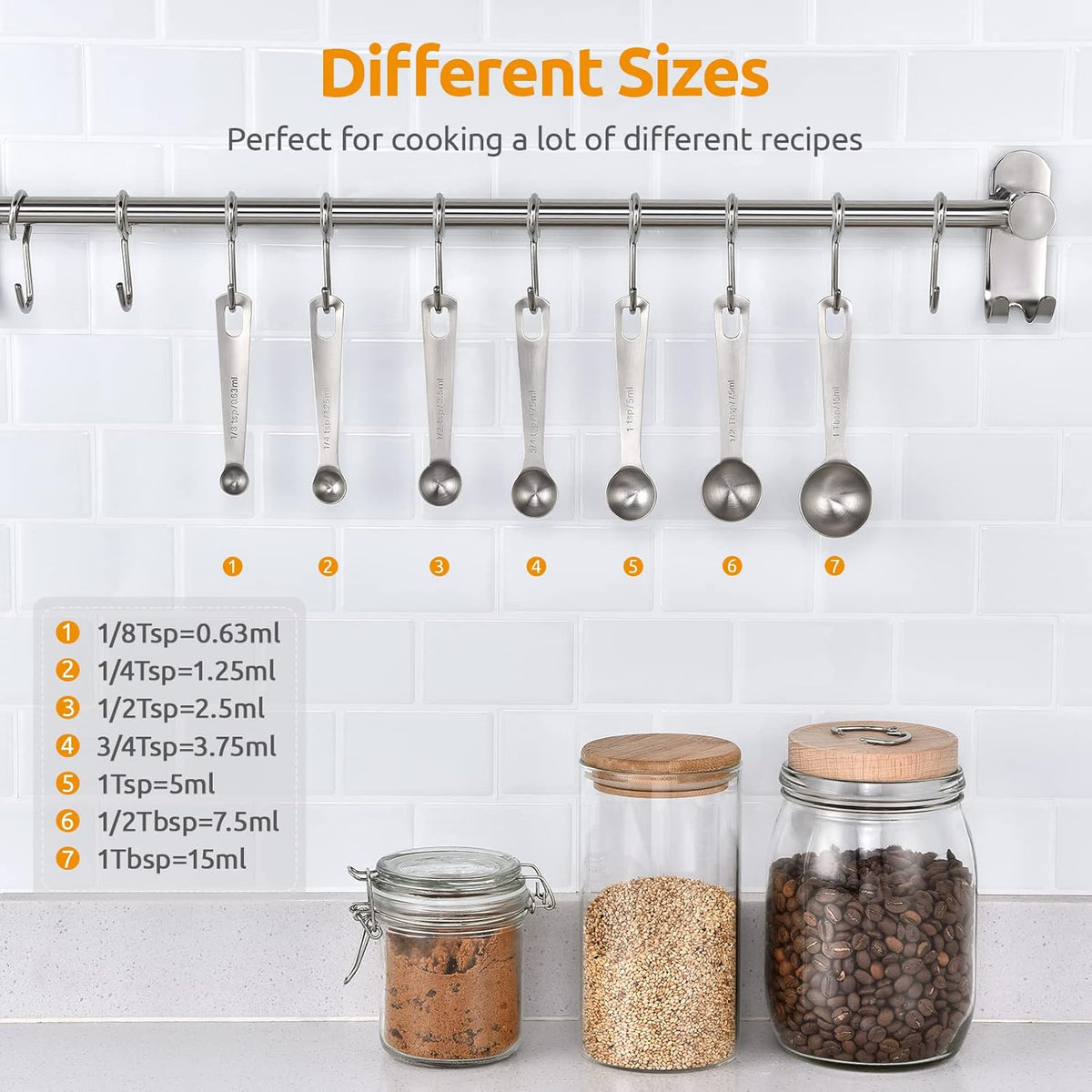 U-Taste 18/8 Stainless Steel Measuring Spoons Set: 7 Piece - 1/8, 1/4, 1/2, 3/4 tsp, 1 tsp, 1/2 & 1 tbsp for Dry & Liquid Ingredients