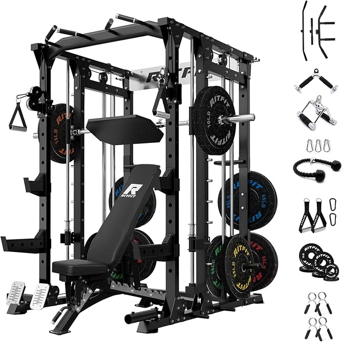 RitFit Smith Machine Power Cage with LAT Pulldown & Cable Crossover, All-in-One Power Rack Home Gym System with Leg Press Attachment & Accessories