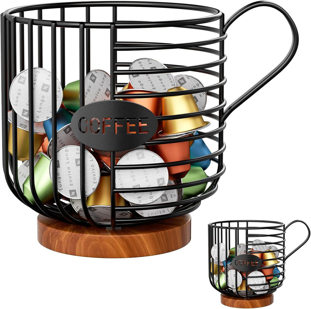 Coffee Pod Holder,Bar Accessories - Espresso Pod Holder - Large Capacity Black Wire Coffee Basket With Wooden Base