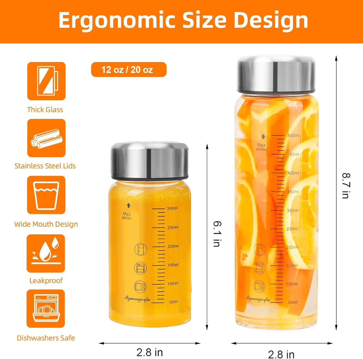 Glass Juice Bottles 20 oz - Wide Mouth Glass Water Bottles with Lids and Sleeve- for Juicing, Smoothies, Milk, Protein, Reusable, Stainless Steel Lids, Leak Proof, Shaker bottle (20oz/600ml)