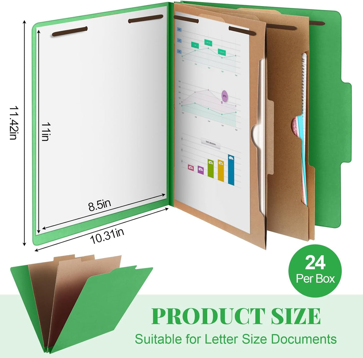 24 Pcs Classification Folders Letter Size, Back to School Supply for Teacher, Student, 2 Pocket Dividers Pressboard File Folder Bulk with 2 Fasteners, 2 in Expanding File Organizer (Green)