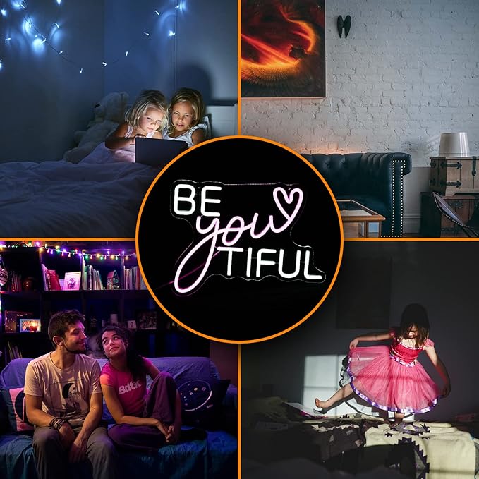 Be Your Tiful Neon Sign Dimmable Letter Neon Signs White Pink Wall Decorative Lights Powered USB with Switch for Bedroom Kid Room Shop Apartment Birthday Party Wedding （15.7’’X11.8’’）