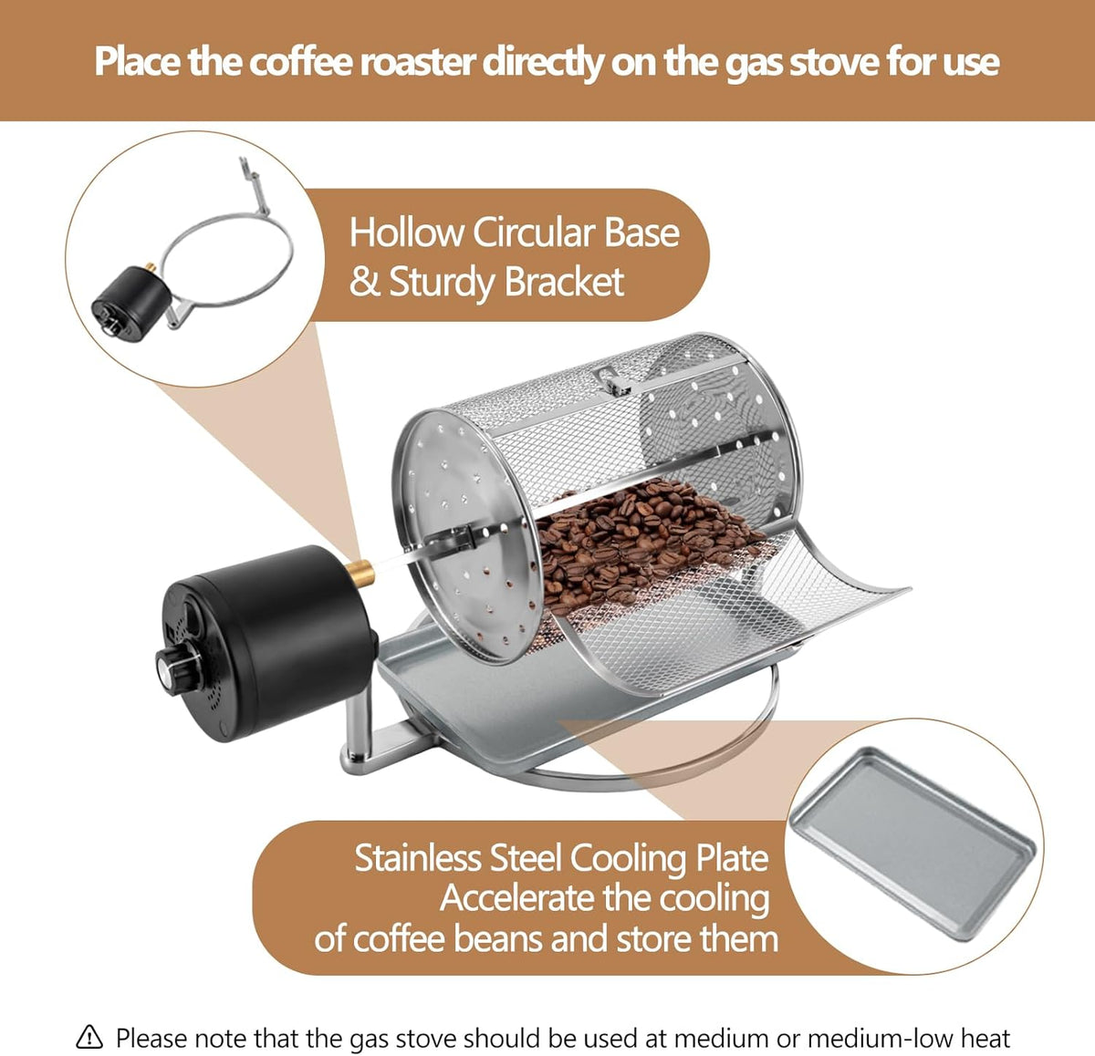 Coffee Roaster Machine for Home Use, Stainless Steel 14W Electric Coffee Roaster Machine with Tray, Speed Adjust, Auto-matic Nuts Coffee Bean Roaster Drum for Homes, Cafes, Hotels Silver
