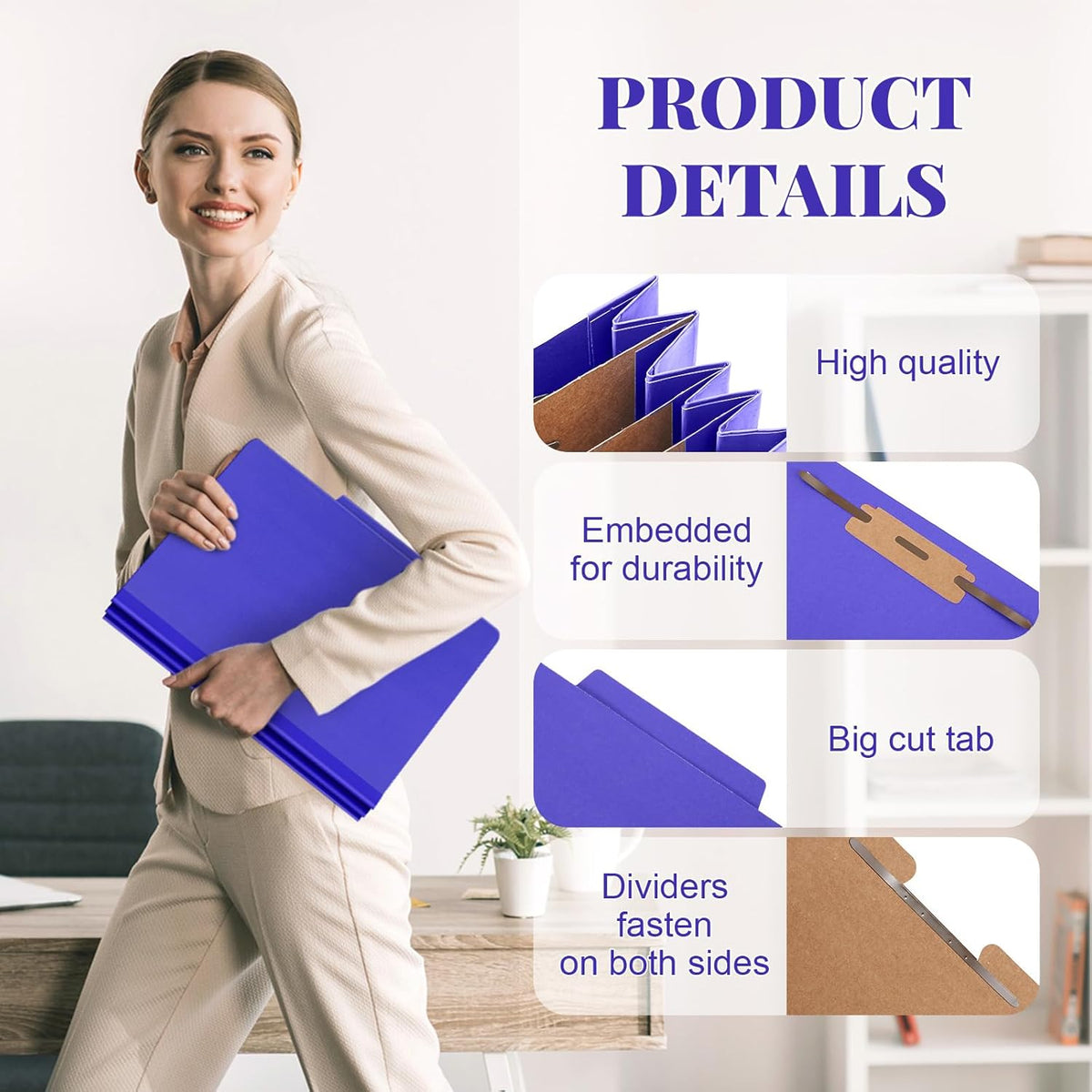 60 Pcs Classification Folders Letter Size, Back to School Supply for Teacher, Student, 3 Dividers Pressboard File Folder Bulk with 2 Fasteners, 3.5 Inch Expanding File Organizer (Purple)