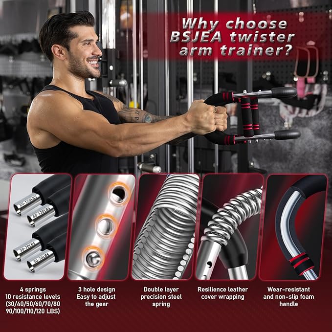 BEJEA Twister Arm Trainer,30-120lb Adjustable,Chest Trainer for Men & Women with 4 Springs & Train Poster,Arm Trainer for Chest Clip Muscle & Arm Strength