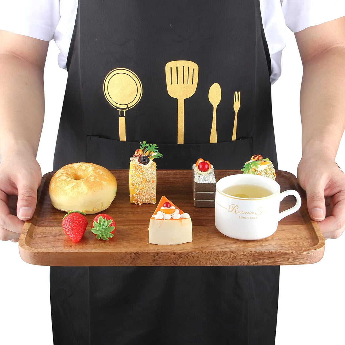 2 Pcs Wooden Rectangle Serving Trays for Ottoman Bar Party Food Tray Large Fruit Rectangular Platter Best Acacia Wood Plates for Decor Cheese Serving Board Snack Tray Charcuterie Boards Serving Dishes