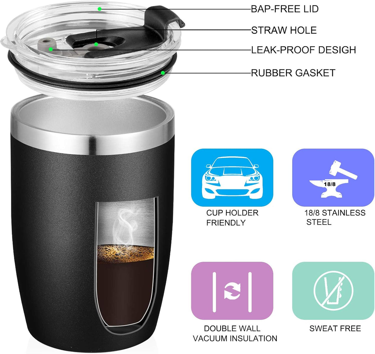 VEGOND Stainless Steel 12 oz Tumblers bulk Vacuum Insulated Double Wall Travel Tumbler with Lid and Straw Reusable Tumbler, Black 6 pack