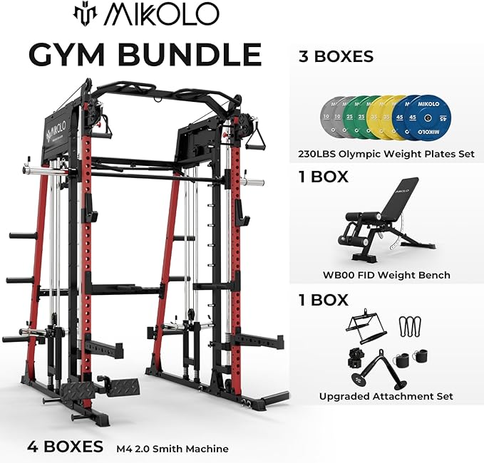 Mikolo Smith Machine, 2200lbs Squat Rack with LAT-Pull Down System & Cable Crossover Machine, Training Equipment with Leg Hold-Down Attachment