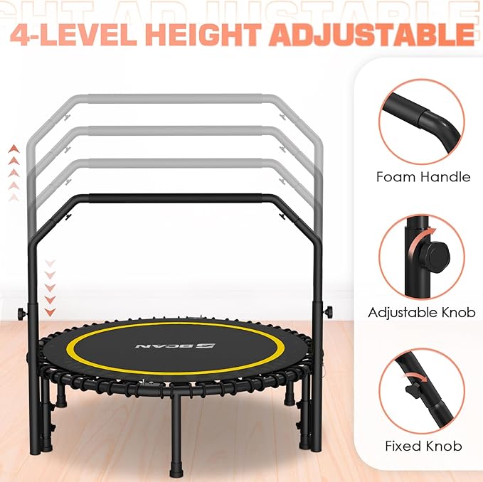 BCAN 40"/48" Rebounder Trampoline for Adult, 450/550LBS Fitness Trampoline with Bungees, Adjustable Handle, Stable & Quiet, Indoor Outdoor, Whole-Body Workout & Relaxation at Home for Women/Men