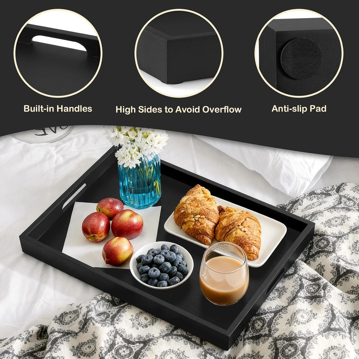 17 Inch Black Wood Serving Tray with Handles, Large Wooden Tray for Ottoman, Breakfast in Bed, Coffee Table, Dinner, Perfect for Living Room Bedroom Entryway and Kitchen