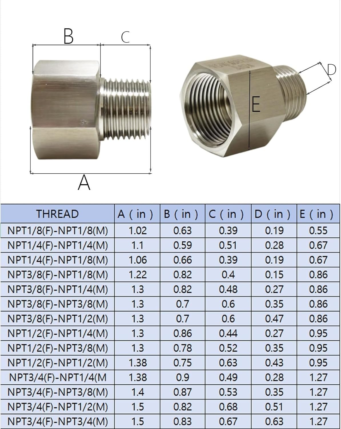 2 pieces Npt3/8 Female to Npt1/8 Male Reducer,3/8-1/8Water pipe Adapter, Fabricate of 304 Stainless Steel