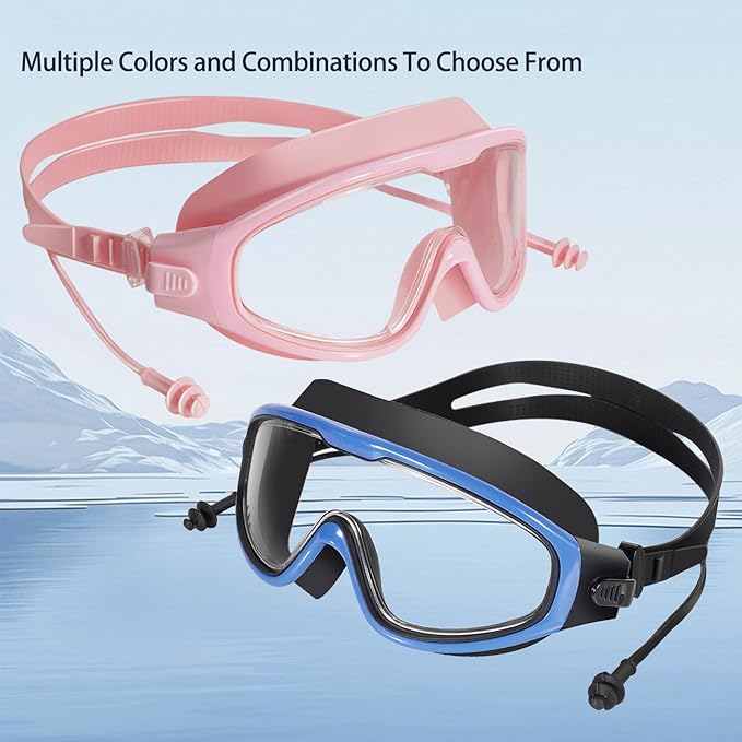 Adult Swimming Goggles,Leak-Proof,Anti-Fog Pool Glasses,Wide View Swim Goggles with Ear Plugs and Nose Clip