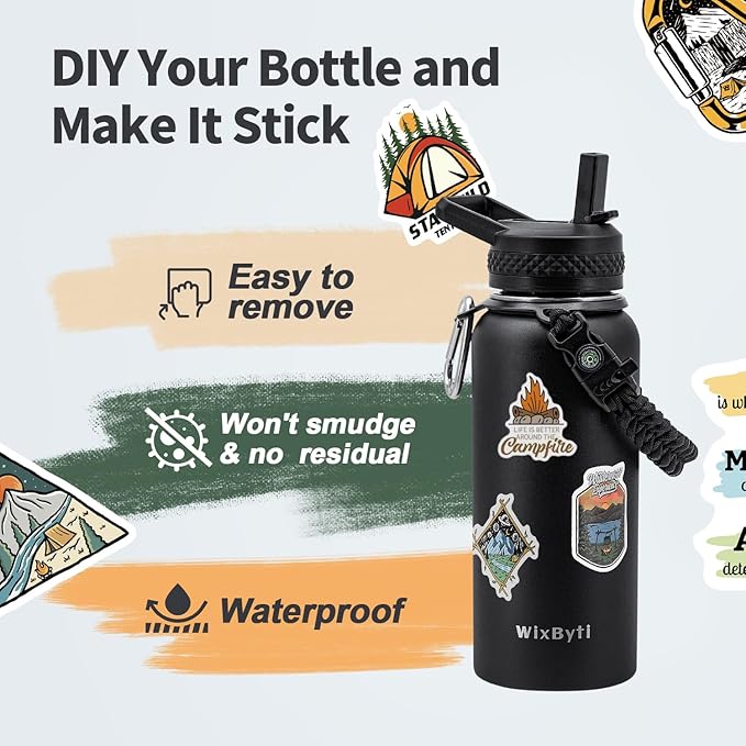 32 oz Insulated Water Bottle with Straw (Cold for 48 Hrs), Stainless Steel Triple Wall Vacuum Sports Water Jug, Leakproof Hydro Cup Flask with Paracord Handle & Straw Spout Lids & DIY Stickers