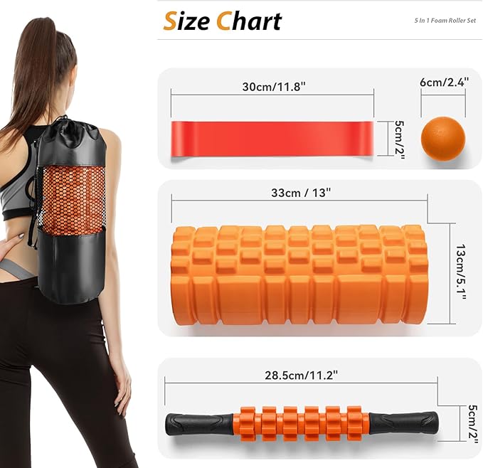 5 in 1 Foam Roller Set for Deep Tissue Muscle Massage, Trigger Point Fitness Exercise Foam Roller, Massage Roller, Massage Ball, Stretching Strap, for Whole Body(Orange-Black)
