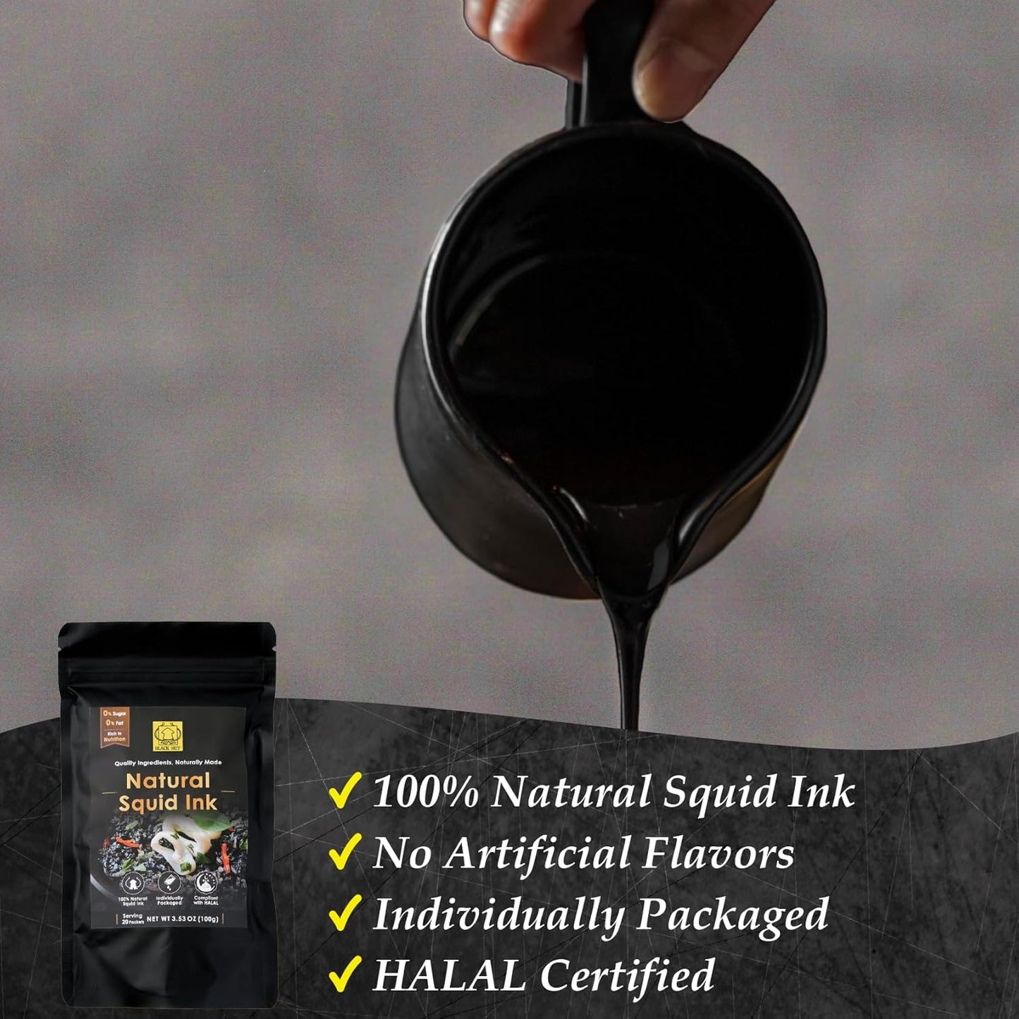 (5g x 20 Pack) Black Hut Squid Ink, Food Coloring Tinta Calamari for Rice Noodles Pasta Spaghetti Risotto, Cuttlefish Ink for Baking mix, Halal Certificate, Contains Molluscs, 3.53 oz / 100 g